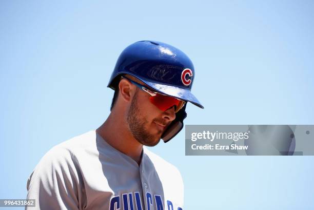 Kris Bryant of the Chicago Cubs walks back to dugout after striking out in the first inning against the San Francisco Giants at AT&T Park on July 11,...