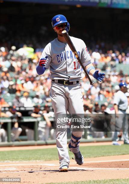 Kris Bryant of the Chicago Cubs walks back to dugout after striking out in the first inning against the San Francisco Giants at AT&T Park on July 11,...