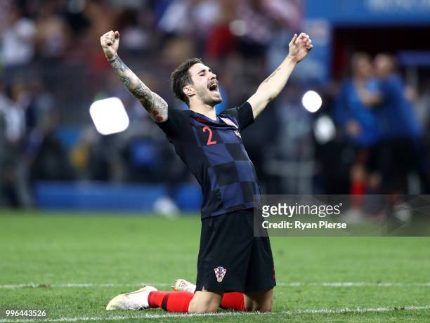 Sime Vrsaljko of Croatia celebrates victory following the 2018 FIFA World Cup Russia Semi Final match between England and Croatia at Luzhniki Stadium...