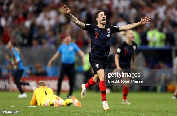 Sime Vrsaljko of Croatia celebrates victory following the 2018 FIFA World Cup Russia Semi Final match between England and Croatia at Luzhniki Stadium...