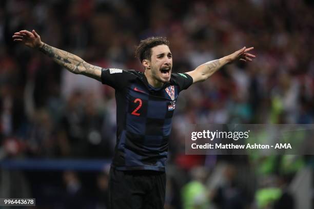 Delighted Sime Vrsaljko of Croatia after reaching the world cup final during the 2018 FIFA World Cup Russia Semi Final match between England and...