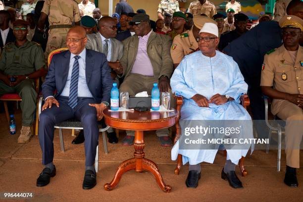 Malian President Ibrahim Boubacar Keita and Prime Minister Soumeylou Boubeye Maiga attend the presentation of four new turboprop light attack...