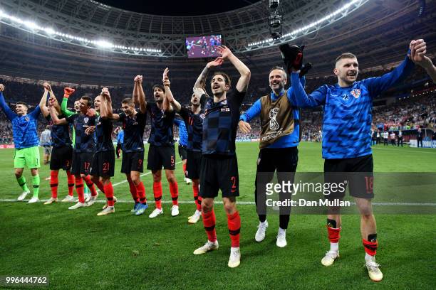 Croatia players celebrate following their sides victory in the 2018 FIFA World Cup Russia Semi Final match between England and Croatia at Luzhniki...