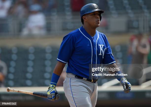 Salvador Perez of the Kansas City Royals reacts to striking out against the Minnesota Twins to end the game on July 11, 2018 at Target Field in...