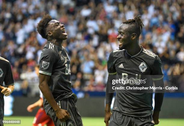 Alphonso Davies of the Vancouver Whitecaps FC reacts after Kei Kamara of the Vancouver Whitecaps FC scores against the the Chicago Fire at BC Place...