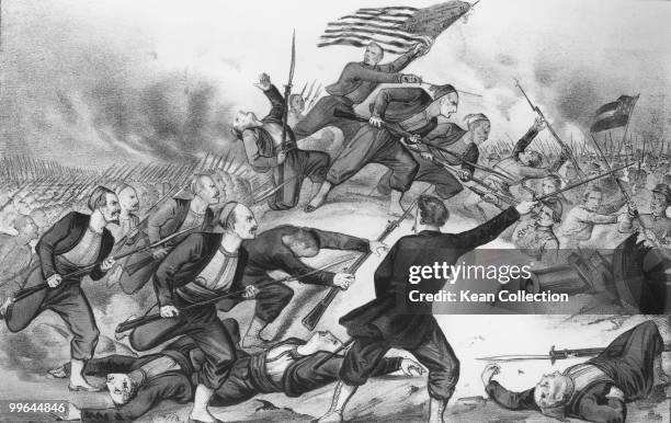 An engraving of the Capture of Roanoke Island, showing the bayonet charge of Zouaves during the US civil war, with caption 'The Victory of Roanoke',...