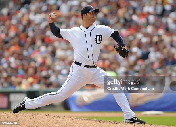 Armando Galarraga of the Detroit Tigers pitches against the Boston Red Sox during the game at Comerica Park on May 16, 2010 in Detroit, Michigan. The...