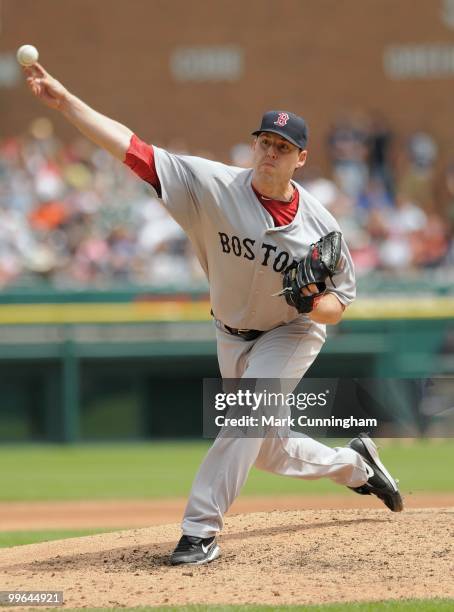 John Lackey of the Boston Red Sox pitches against the Detroit Tigers during the game at Comerica Park on May 16, 2010 in Detroit, Michigan. The...