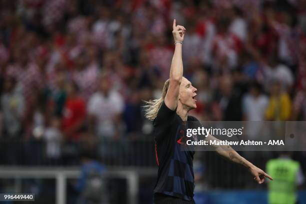 Domagoj Vida of Croatia celebrates at full time during the 2018 FIFA World Cup Russia Semi Final match between England and Croatia at Luzhniki...