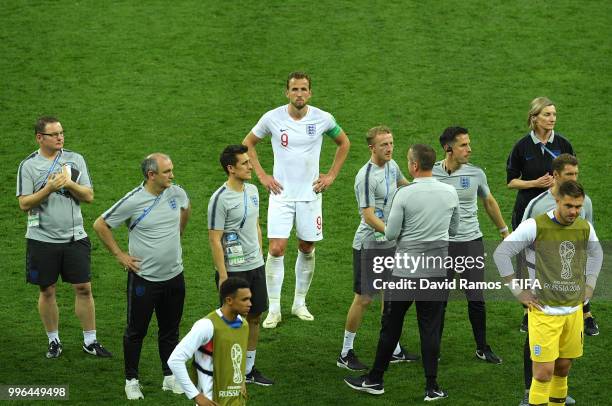 Harry Kane of England show his dejection following the 2018 FIFA World Cup Russia Semi Final match between England and Croatia at Luzhniki Stadium on...