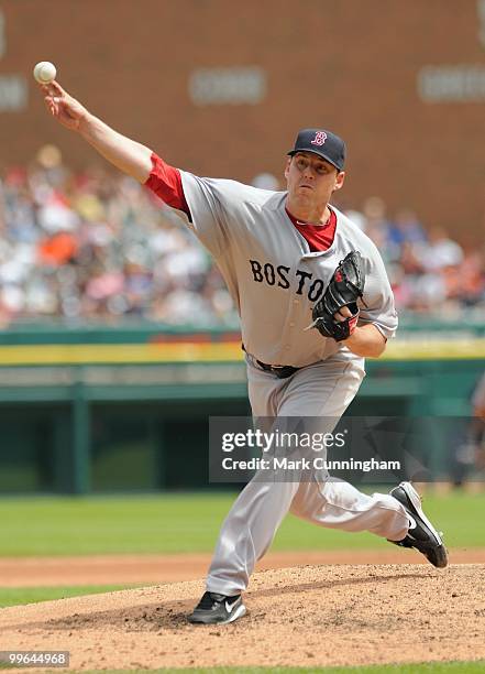 John Lackey of the Boston Red Sox pitches against the Detroit Tigers during the game at Comerica Park on May 16, 2010 in Detroit, Michigan. The...