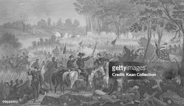 An engraving of the battle of Shiloh, also known as the battle of Pittsburg landing in Tennessee during the US civil war on 7 April 1862.