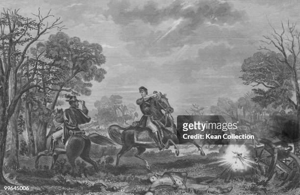 An engraving of the Battle of Pea Ridge, showing General Sigel's charge during the US civil war on 7 March 1862.