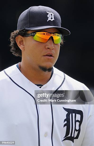 Miguel Cabrera of the Detroit Tigers looks on against the Boston Red Sox during the game at Comerica Park on May 16, 2010 in Detroit, Michigan. The...