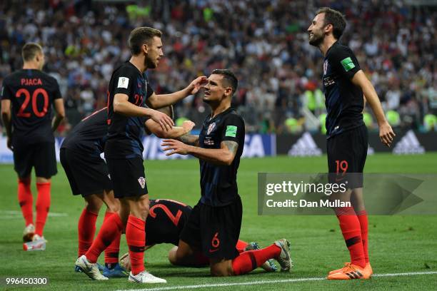 Croatia players celebrate following their sides victory in the 2018 FIFA World Cup Russia Semi Final match between England and Croatia at Luzhniki...