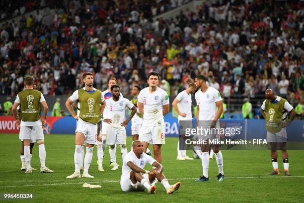 Harry Maguire of England looks dejected following his sides defeat in the 2018 FIFA World Cup Russia Semi Final match between England and Croatia at...