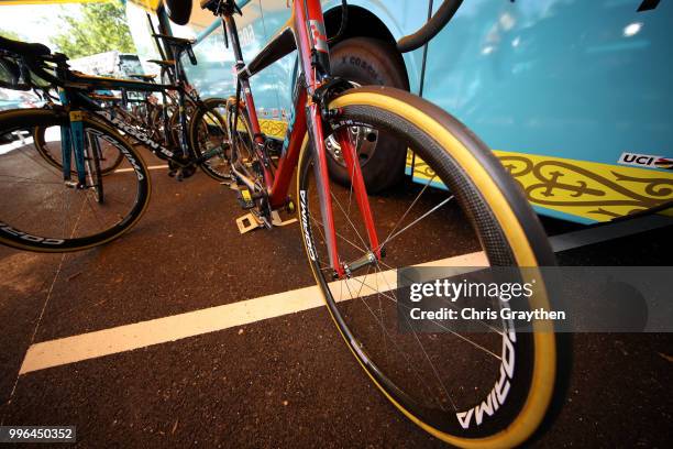 Start / Jakob Fuglsang of Denmark and Astana Pro Team / Rim / Tire / Wheel / Argon Bike / Detail View / during stage five of the 105th Tour de France...