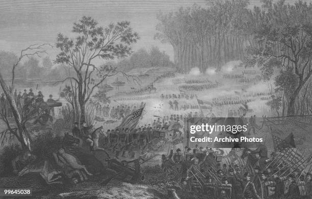 An engraving of the battle of Shiloh, also known as the battle of Pittsburg landing in Tennessee during the US civil war on 7 April 1862.