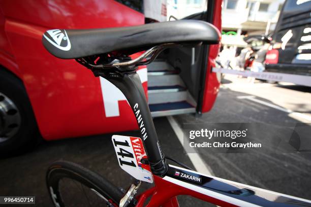 Start / Ilnur Zakarin of Russia and Team Katusha / Seat tube / Number / Canyon Bike / Detail View / during stage five of the 105th Tour de France...