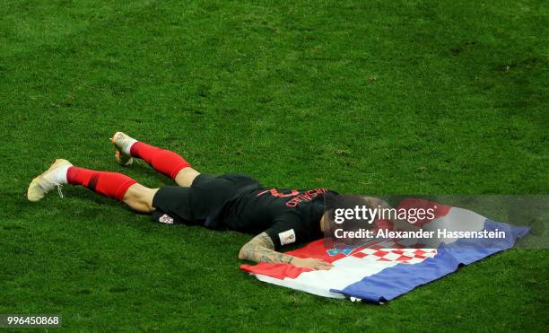 Mario Mandzukic of Croatia celebrates victory following the 2018 FIFA World Cup Russia Semi Final match between England and Croatia at Luzhniki...