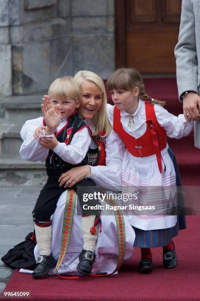 Prince Sverre Magnus of Norway, Crown Princess Mette-Marit of Norway and Princess Ingrid Alexandra of Norway attend The Children's Parade on May 17,...