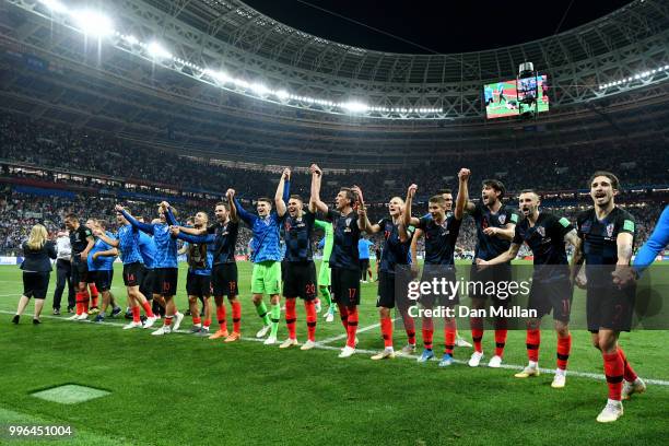 Croatia players celebrate following their sides victory in the 2018 FIFA World Cup Russia Semi Final match between England and Croatia at Luzhniki...