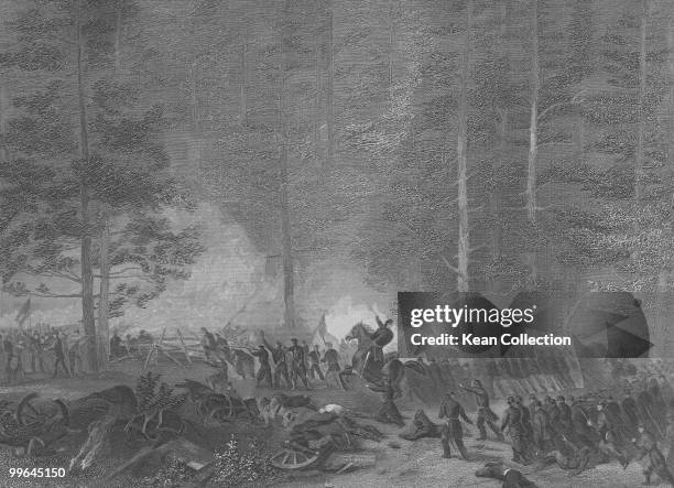 An engraving of the Battle of Cedar Mountain during the US civil war, 1 August 1862.