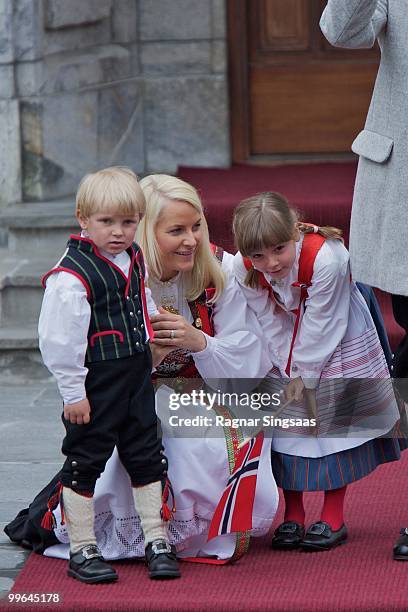 Prince Sverre Magnus of Norway, Crown Princess Mette-Marit of Norway and Princess Ingrid Alexandra of Norway attend The Children's Parade on May 17,...