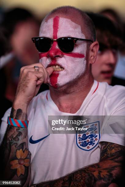 An England football fan looks on at extra time during the Hyde Park screening of the FIFA 2018 World Cup semi-final match between Croatia and England...