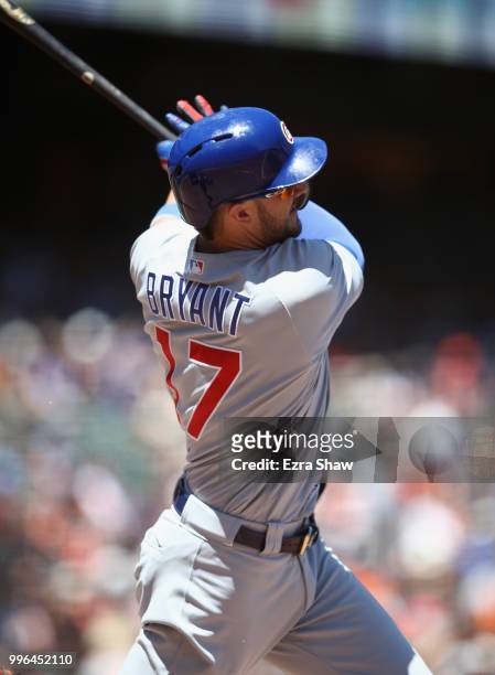 Kris Bryant of the Chicago Cubs hits a two-run home run in the fifth inning against the San Francisco Giants at AT&T Park on July 11, 2018 in San...