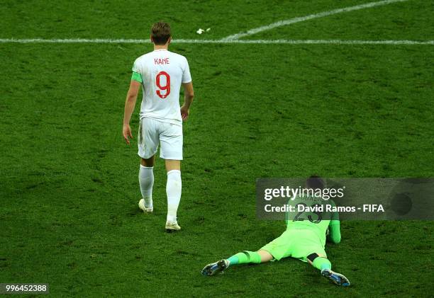 Harry Kane of England passes by Danijel Subasic of Croatia following the 2018 FIFA World Cup Russia Semi Final match between England and Croatia at...