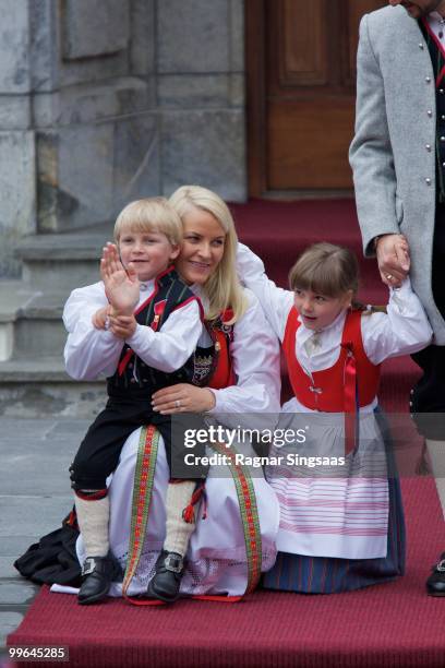 Prince Sverre Magnus of Norway, Crown Princess Mette-Marit of Norway and Princess Ingrid Alexandra of Norway attend The Children's Parade on May 17,...