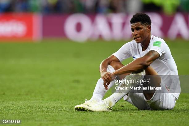 Marcus Rashford of England looks dejected following his sides defeat in the 2018 FIFA World Cup Russia Semi Final match between England and Croatia...
