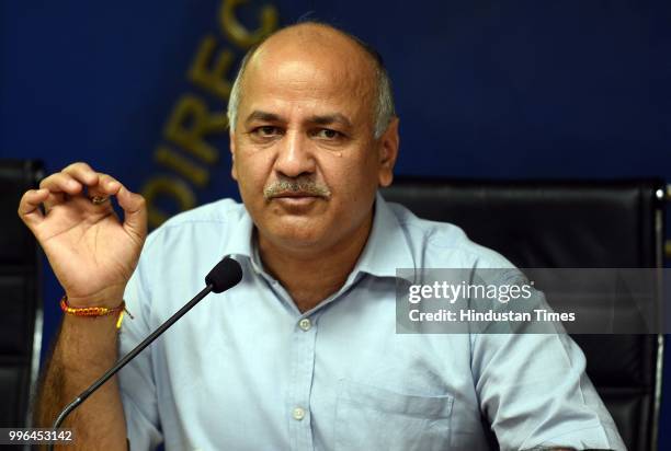 Deputy Chief Minister Manish Sisodia addresses a press conference at Delhi secretariat on July 11, 2018 in New Delhi, India.