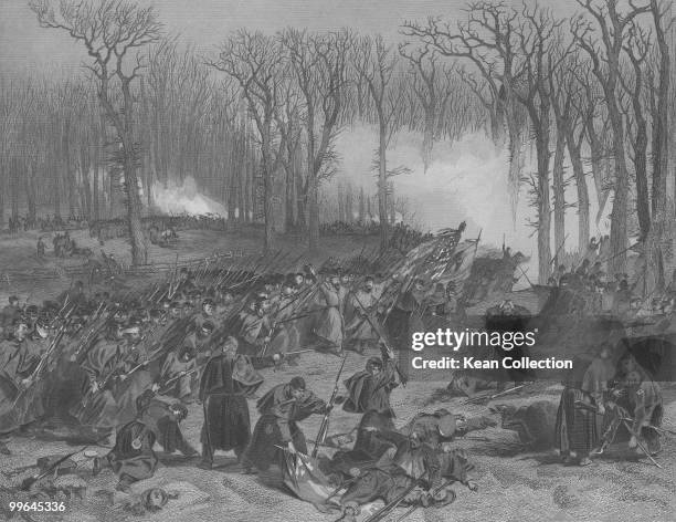 An engraving of the Battle of Mill Creek during the US civil war, 19 January 1862.