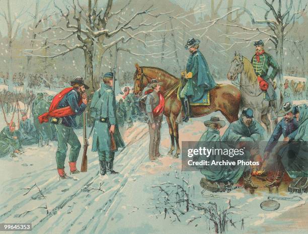 An illustration of the Bivouac before the Surrender of Fort Donelson during the US civil war, 16 February 1862.