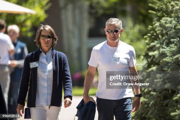 Valerie McCarthy and Barry McCarthy, chief financial officer at Spotify, attend annual Allen & Company Sun Valley Conference, July 11, 2018 in Sun...