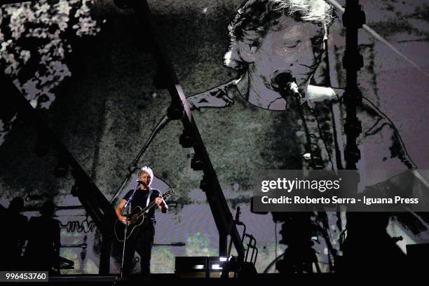 English musician and author Roger Waters performs on stage a concert of his tour "Us + Them" during Lucca Summer Festival at Prato delle Mura on July...