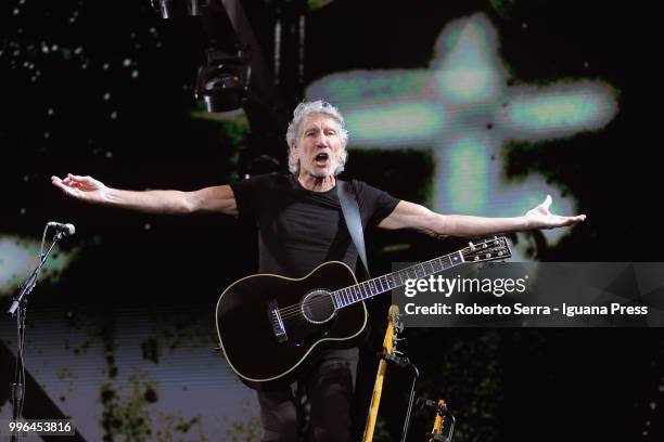 English musician and author Roger Waters performs on stage a concert of his tour "Us + Them" during Lucca Summer Festival at Prato delle Mura on July...