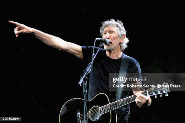 English musician and author Roger Waters performs on stage a concert of his tour "Us + Them" during Lucca Summer Festival at Prato delle Mura on July...