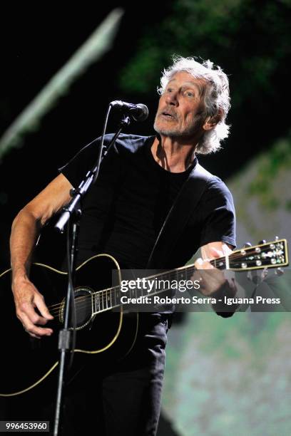 English musician and author Roger Waters performs on stage a concert of his tour "Us + Them" during Lucca Summer Festival at Prato delle Mura on July...