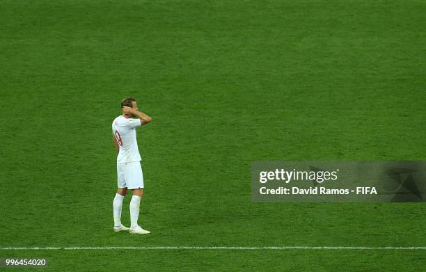 Harry Kane of England looks on dejected following England's defeat in the 2018 FIFA World Cup Russia Semi Final match between England and Croatia at...