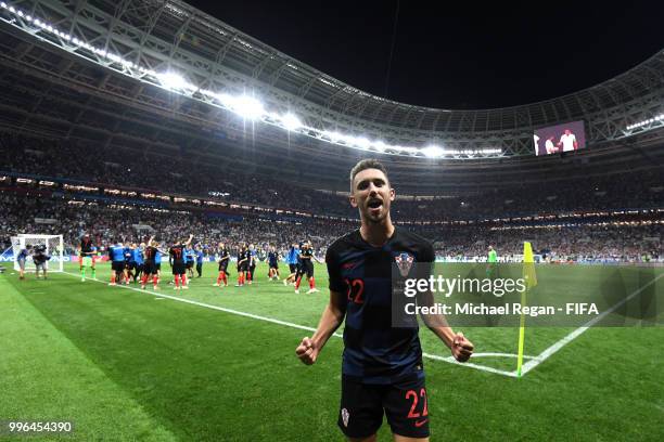 Josip Pivaric of Croatia celebrates following his side's victory in the 2018 FIFA World Cup Russia Semi Final match between England and Croatia at...