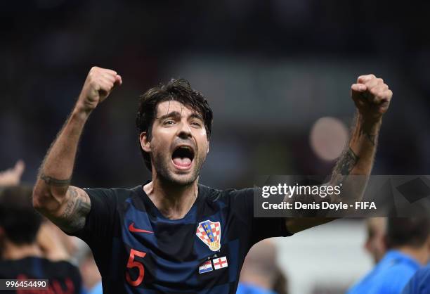 Vedran Corluka of Croatia celebrates on the final whistle after Croatia beat England 2-1 during the 2018 FIFA World Cup Russia Semi Final match...