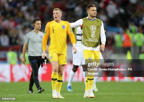 England goalkeeper Jordan Pickford and goalkeeper Jack Butland look dejected after England loose the FIFA World Cup, Semi Final match at the Luzhniki...