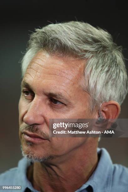 Match of the day presenter Gary Lineker during the 2018 FIFA World Cup Russia Semi Final match between England and Croatia at Luzhniki Stadium on...