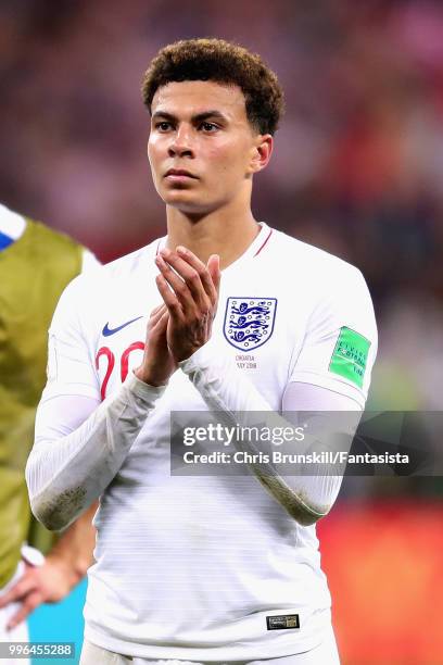 Dele Alli of England applauds the crowd after the 2018 FIFA World Cup Russia Semi Final match between England and Croatia at Luzhniki Stadium on July...