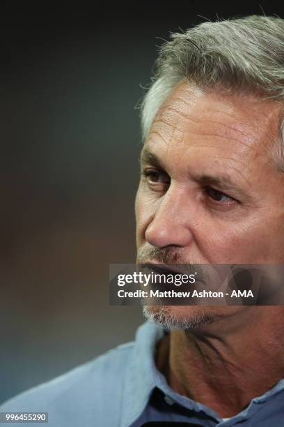 Match of the day presenter Gary Lineker during the 2018 FIFA World Cup Russia Semi Final match between England and Croatia at Luzhniki Stadium on...