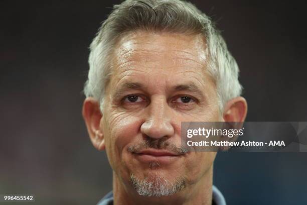 Match of the day presenter Gary Lineker during the 2018 FIFA World Cup Russia Semi Final match between England and Croatia at Luzhniki Stadium on...