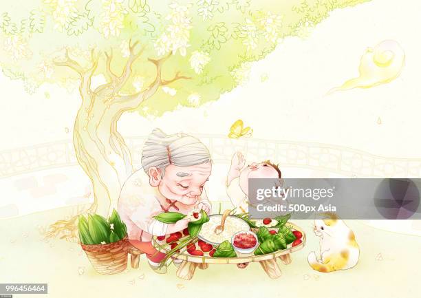 stockillustraties, clipart, cartoons en iconen met illustration of grandmother sitting with grandson under tree and preparing zongzi dumplings - chinese knoedel